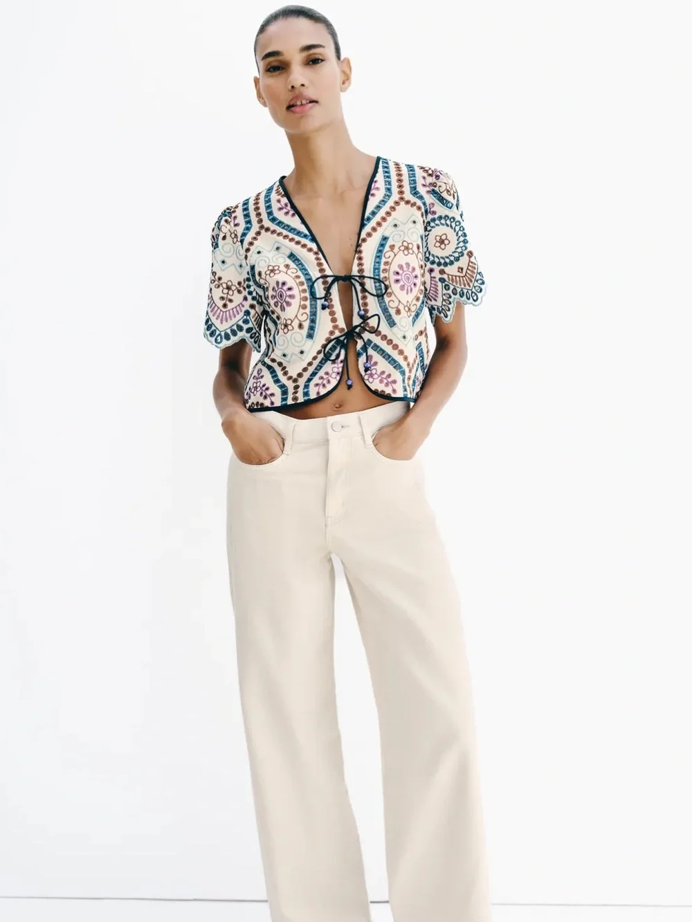Zara Cream Top with Blue and Purple Paisley Ties